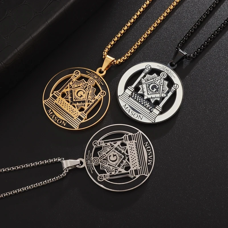 Classic Masonic Badge Pendant Stainless Steel Engraved Men's and Women's Fashion Retro Punk Style Necklace Jewelry Gift