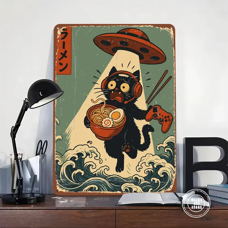 Ramen Gamer Cat Abducted By UFO Tinplate Poster Custom Wall Art Vintage Metal Signs Retro Tin Plaque for Mancave Decoration Room