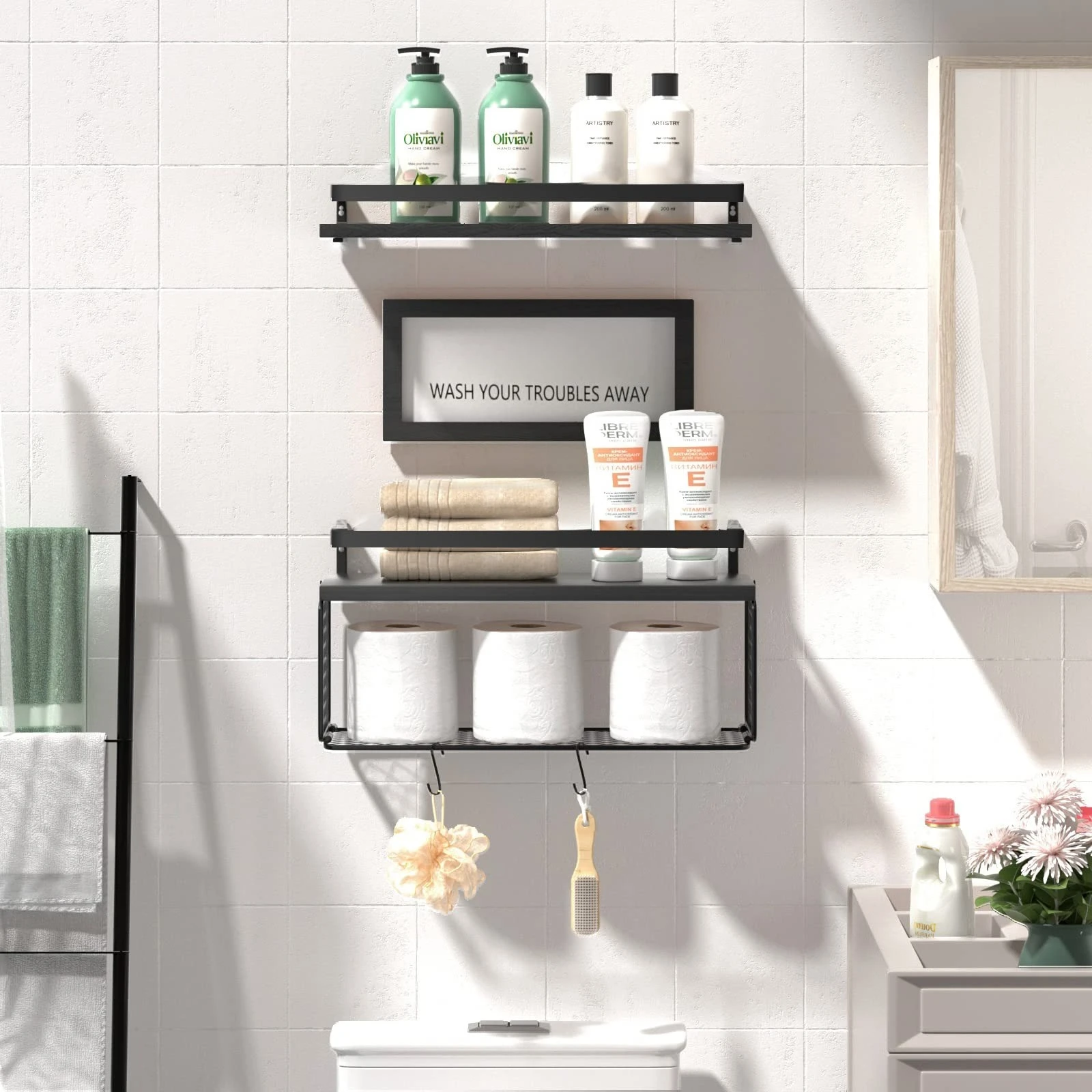 Floating Wall Shelves, Over‑Toilet Bathroom Shelves with Decor Sign, Protective Metal Guardrail & Paper Storage Basket, Wooden Wall Organizer for Bathroom, Bedroom, Living Room & Kitchen, Holiday Gift for Christmas, New Year & Valentine’s Day