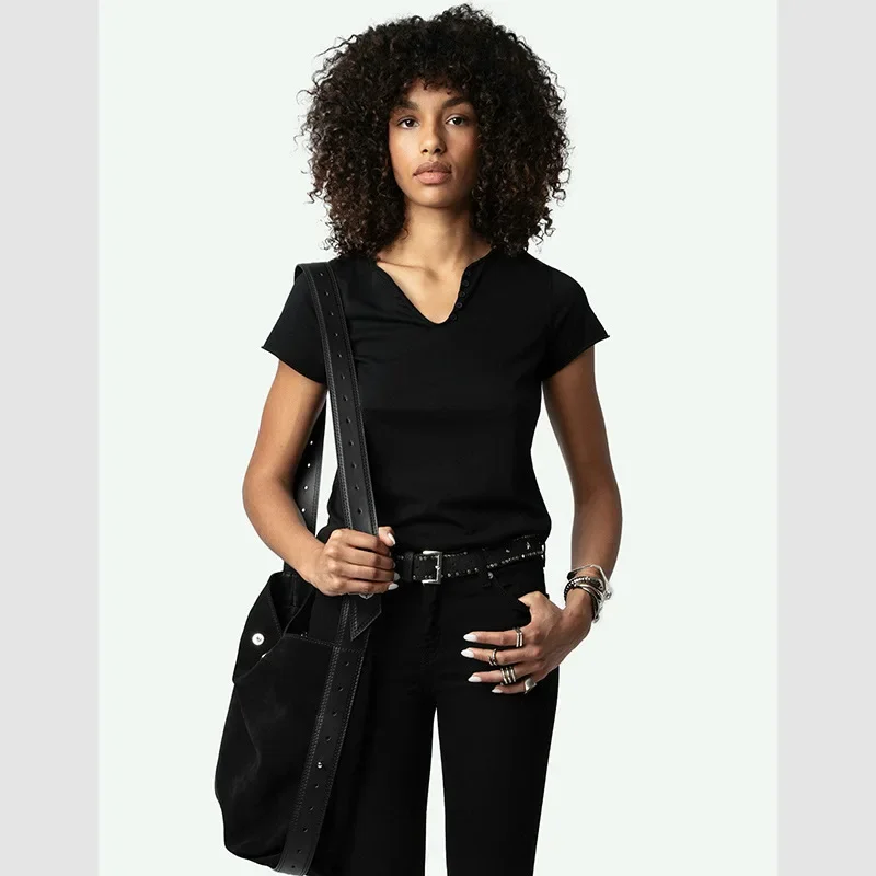 

25 Summer New French Niche ZV Back Letter Flocking Printing U-Neck Black Women's Short Sleeve T-Shirt