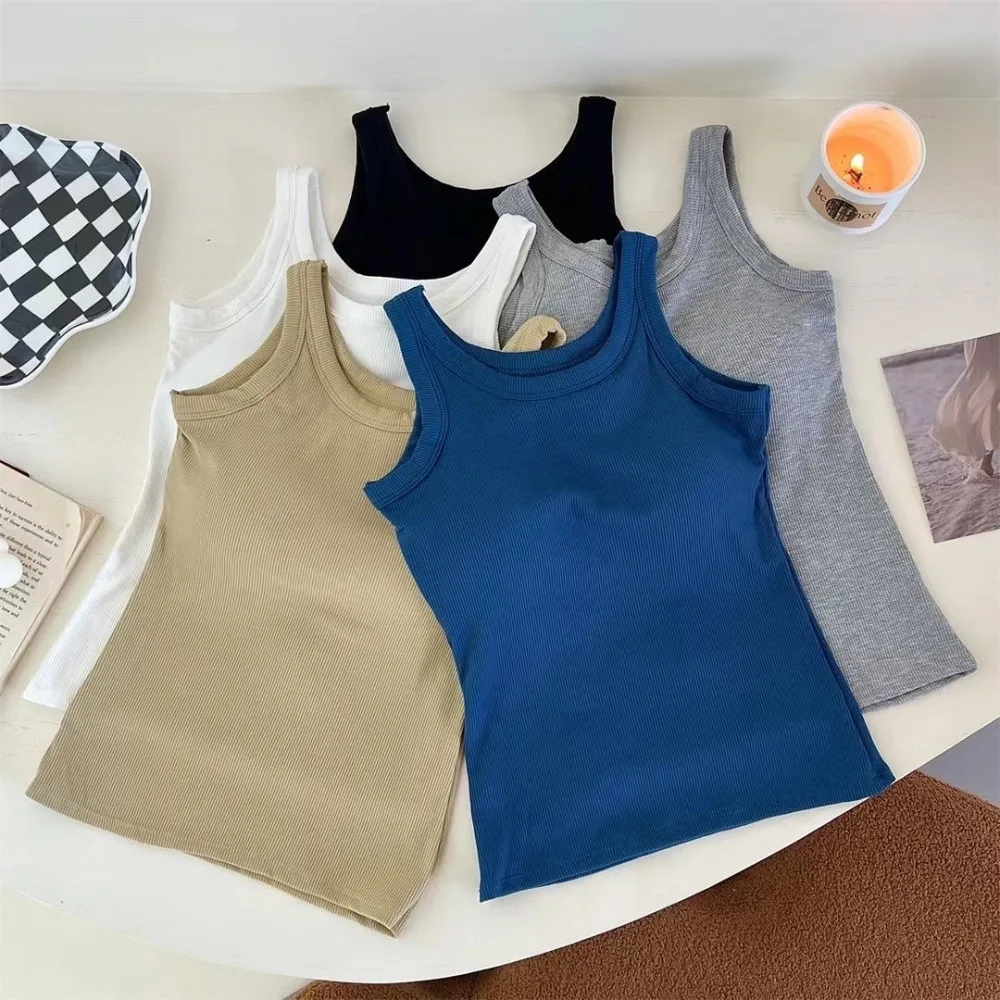 

Fashion Wide Strap Women's Tank Tops with Bra Pads Keep Warm Vest Casual Stretchable Camisole Daily Wear