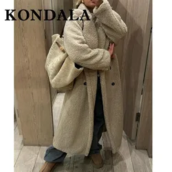 KONDALA 2025 Winter Women Casual Solid Coat Double Breasted Fleece Coat Loose Fit Long Coat Women Vintage Oversized Long Jacket