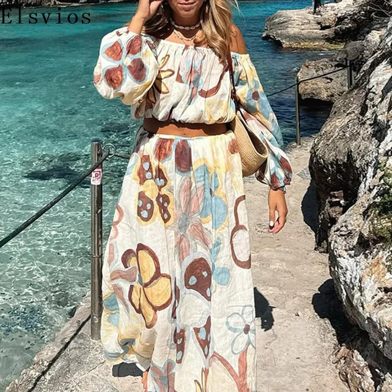 

Fashion Pattern Print Loose Party 2Pc Set Elegant Slash Neck Top & Long Skirt Outfits Women Casual Lantern Sleeve Vacation Suits