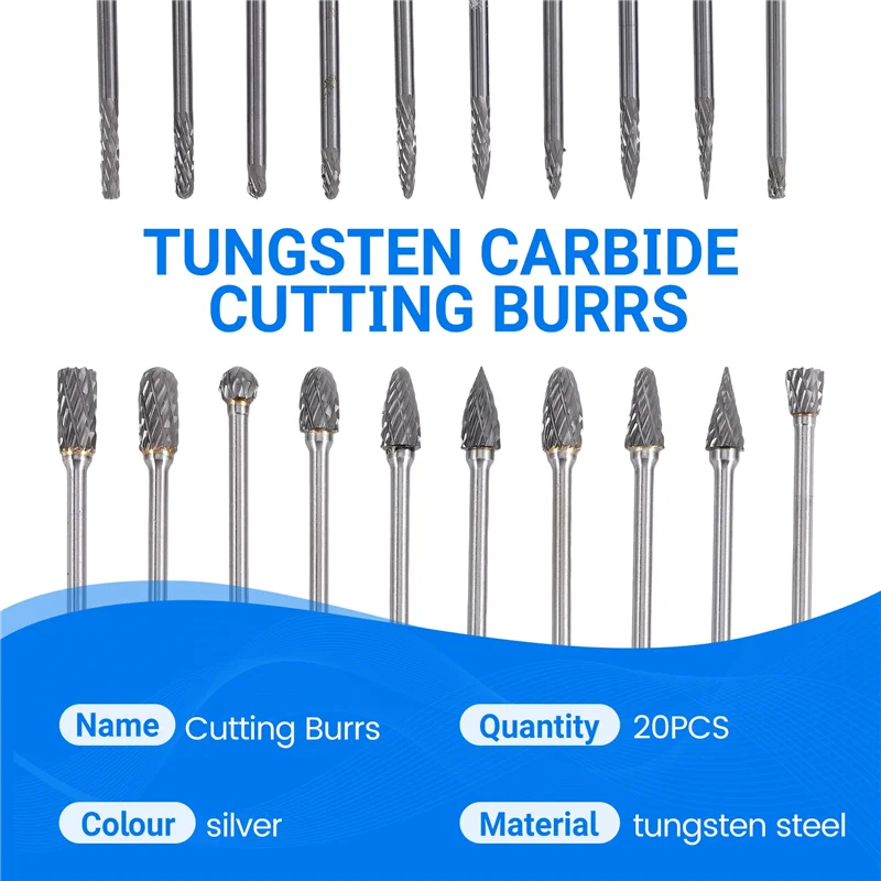 

A24F-Double Cut Carbide Rotary Burr Set 20Pcs Die Grinder Bits 1/8 Inch Shank Tungsten Carbide Cutting Burrs For Wood Working