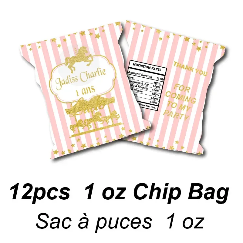Personalized Carousel Horses Juice Pouch Bag Custom Stickers Water Bottle Labels Candy Bar Wrapper Birthday Party Decor Supplies
