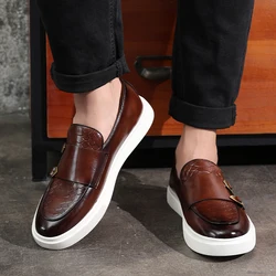 Black Men's Vulcanize Shoes Double Buckle Slip-On Brown Pu Leather Sneakers Shoes for Men with  Size 38-46