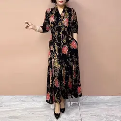 Vintage Peony Printed Dresses Women's Clothing Split Elegant V-Neck Spring Autumn Long Sleeve Casual A-Line Waist Long Dress New