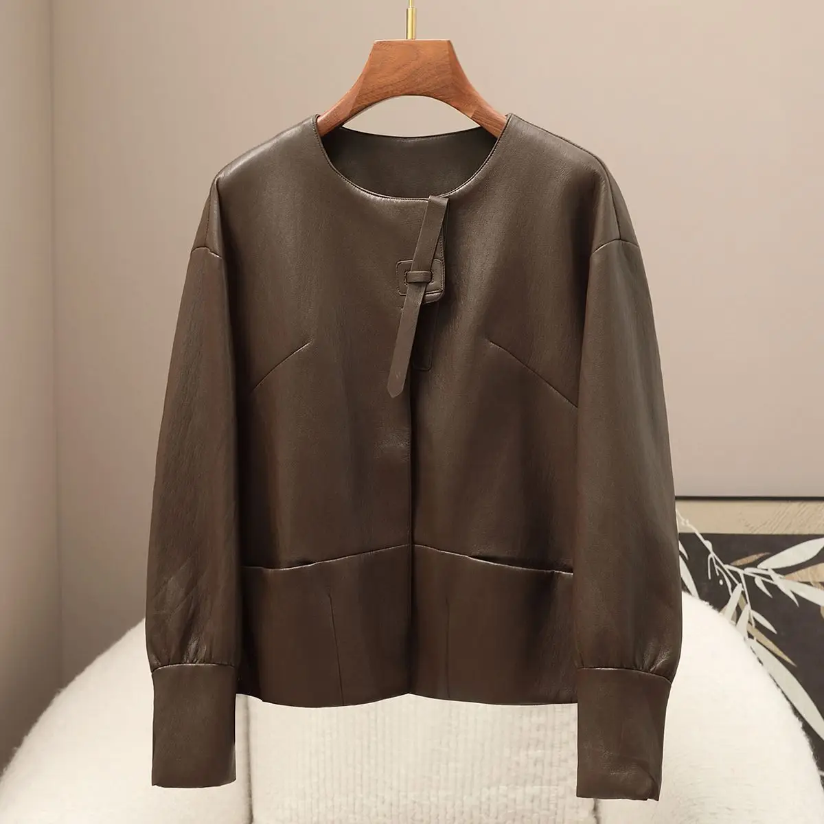 Herfst en winter nieuwe dames PU-jas elegante leren jas met ronde hals