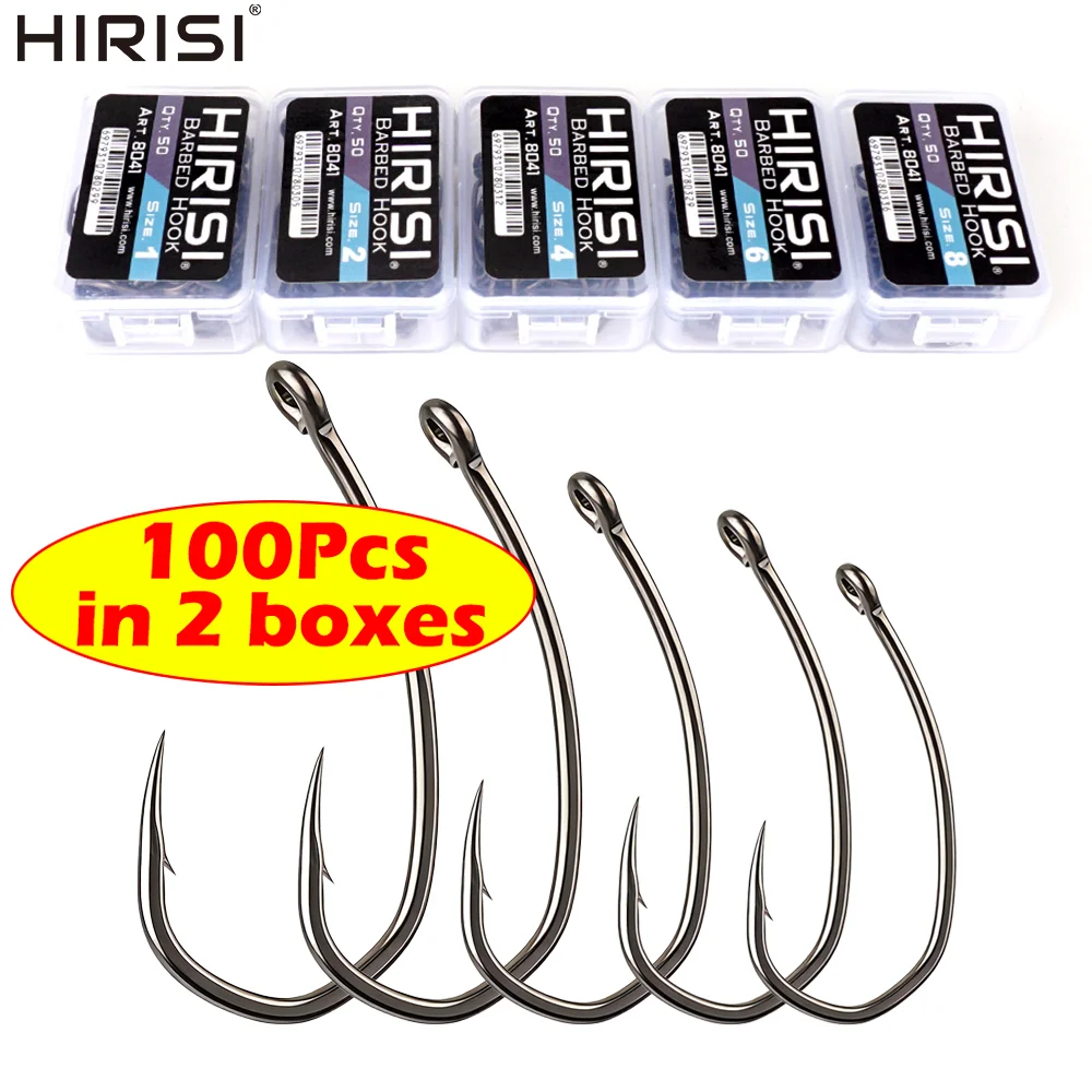 Hirisi 8041 100 Stück Hochkarbon-Edelstahl Mikro-Widerhaken-Angelhaken PTFE-Beschichtet Verbindbare Box Angelhaken Angelzubehör