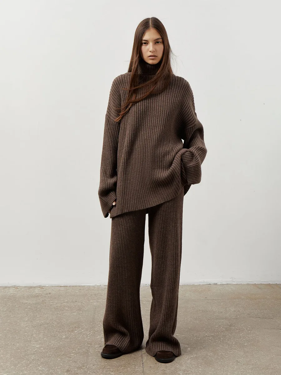 

Wolfeel, новый женский свитер с высоким воротником в рубчик, комплект широких брюк, мягкая ткань, свободный осенне-зимний пуловер, брюки, комплект из 2 предметов