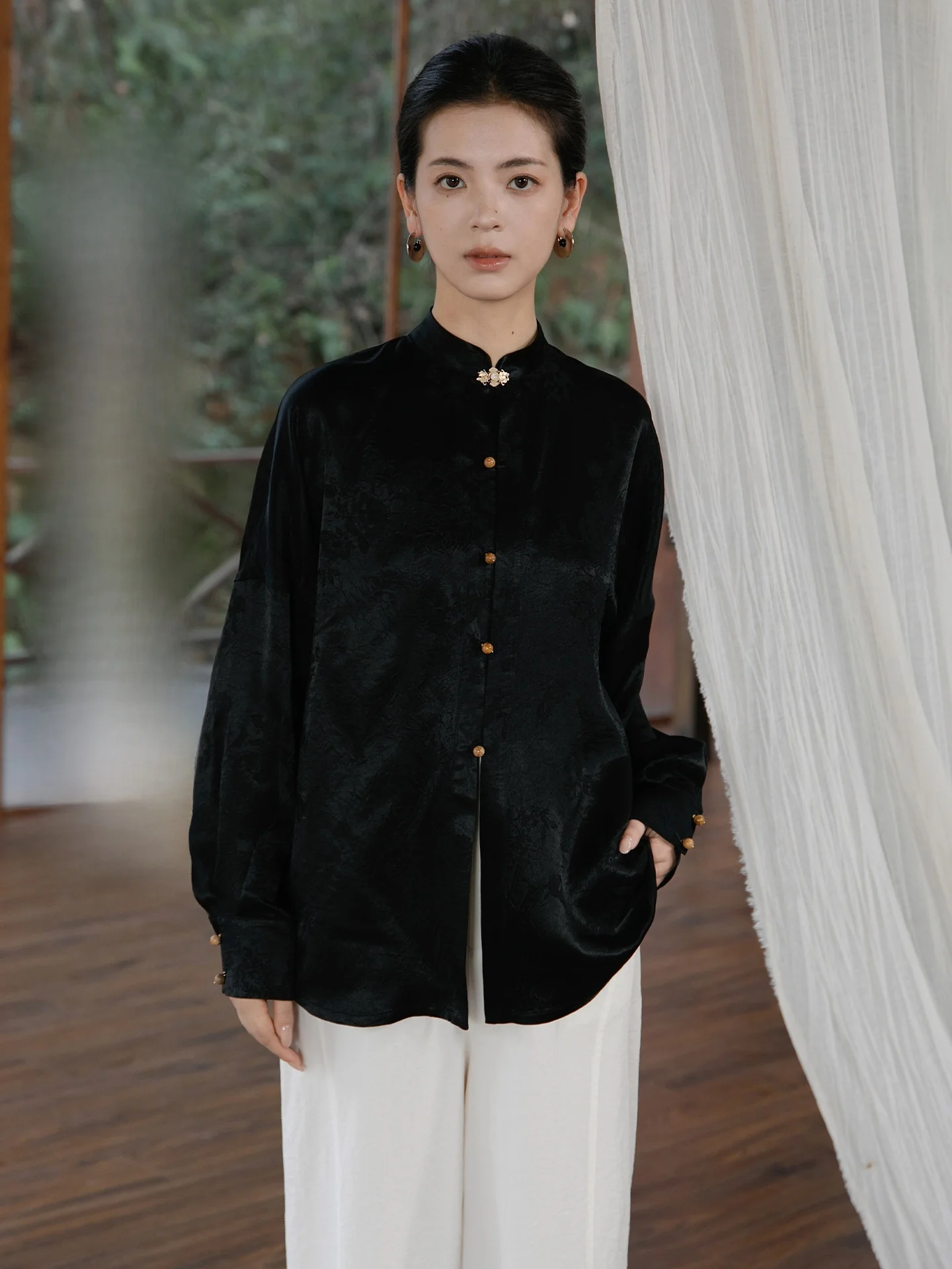 

Anytime Cloud Tailoring High Quali 00% Acetate Fabric New Chinese Sle Stand Collar Emed Texture Women's irt