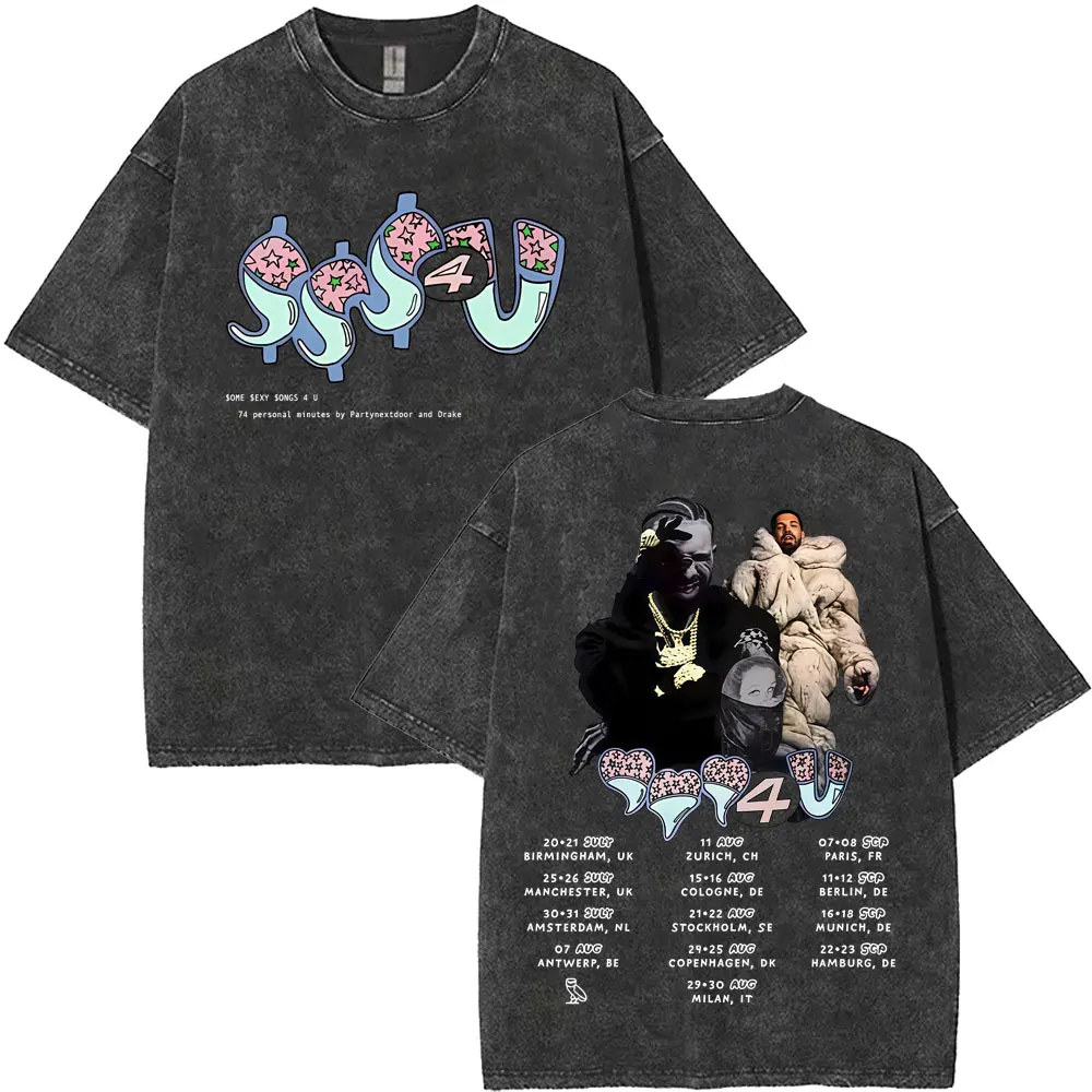 

Washed Vintage Streetwear Rapper Drake Europe Tour with PARTYNEXTDOOR 2025 T-shirt Men Women Hip Hop Fashion Crewneck T Shirts