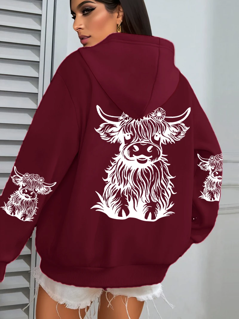 Niedliche Kuh-Haarmotiv-Kapuzenpullover mit Cartoon-Druck für Damen, Fleece-Herbst-Streetwear, bequemer lässiger Hoodie, Y2K-Taschen-Kapuzenpullover, vielseitig kombinierbar – Detail 9