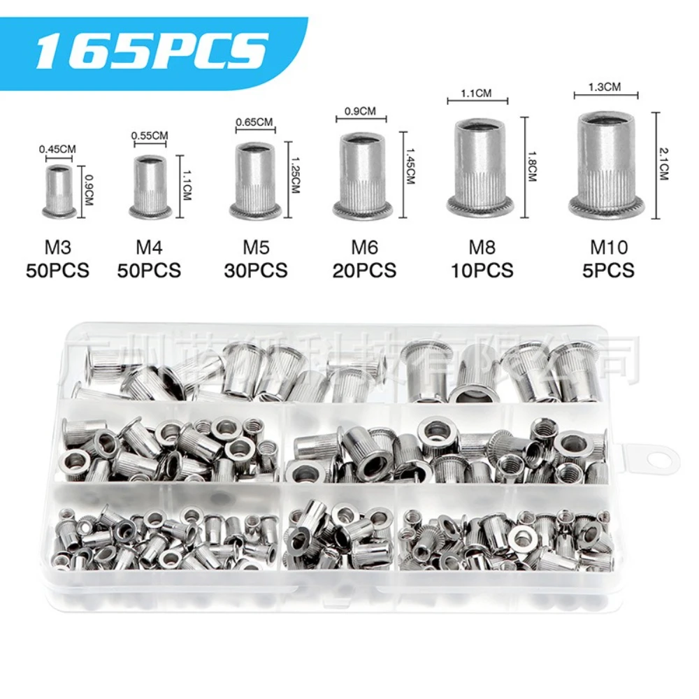 

165pcs Rivet Nuts M3 M4 M5 M6 M8 M10 Flat Head Vertical Rivet Nuts Length 9-19mm Diameter 3-10mm Stainless Steel Rivet Nuts