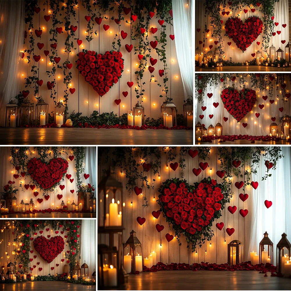 Valentine's Day Photography Background Red Rose Love Wooden Wall Decorative Backdrop Baby Shower Couple Portrait Studio Props