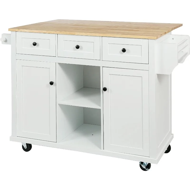 

Kitchen Island Table with Rubber Wood Drop-Leaf Countertop & Internal Storage,