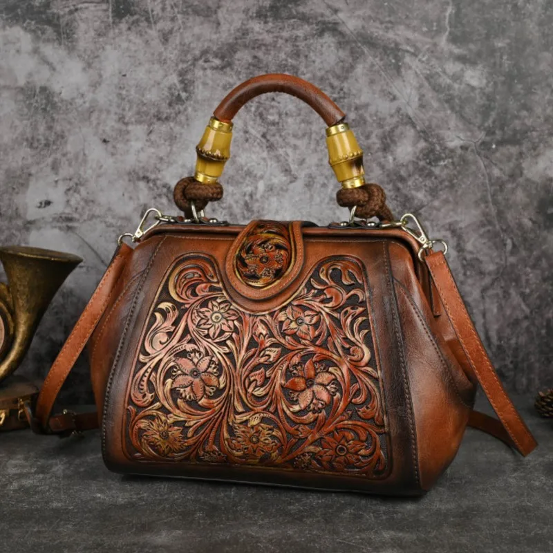 Johnature Luxury Handbag 2024 Autumn New Vintage Handmade Leather Carved Women Bag Versatile Female Shoulder & Crossbody Bags