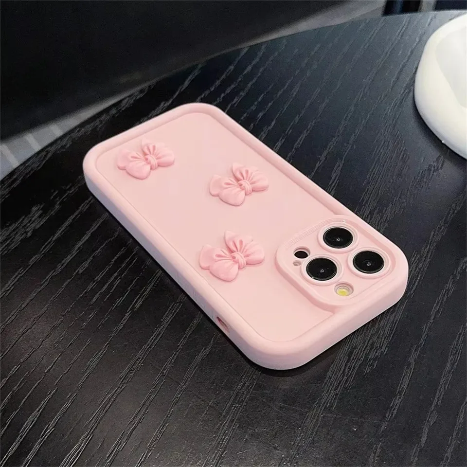 3D süße rosa Schleife einfarbig Candy Handyhülle für iPhone 11 12 13 14 15 16 Pro Max X XS XR 8 Plus weiche Rückseite