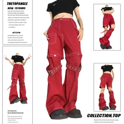 Women's American Red Work Jeans New 90S Spicy Girl Y2K Design Feel Detachable Loose Relaxed Wide Leg Long Pants