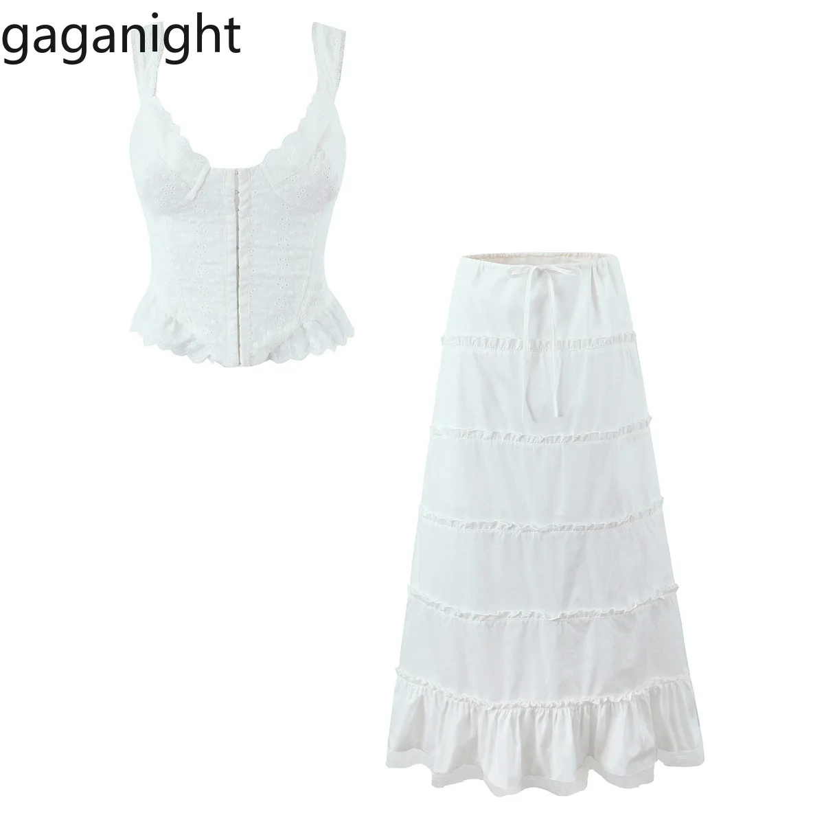 

Gaganight Women Two Piece Sets Tank Tops Sexy Fashion Camis Backless Bandage Long Skirts Sweet Elegant Ruffles Suits Female