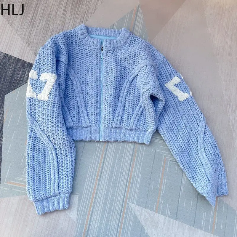 HLJ Blue Autumn New Letter Print Knitted Sweater Two Piece Sets For Women Zip Long Sleeve Crop Top And Drawstring Shorts Outfits