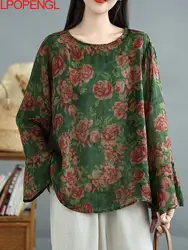 2025 Ethnic Style Spring And Summer Vintage Linen Printed Pullover Top Flare Long Sleeve O-neck Shirt Straight Loose Blouses