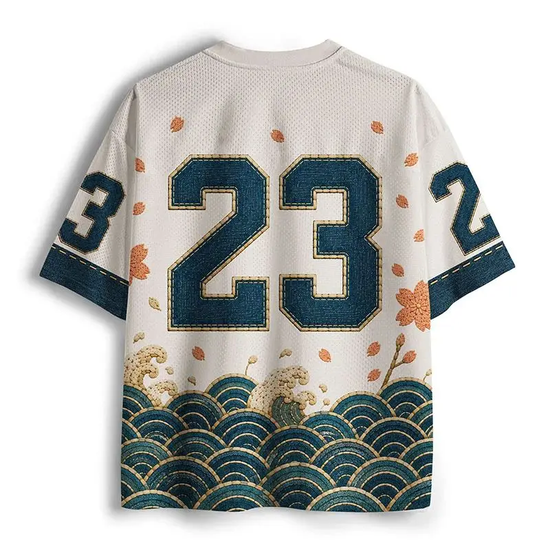 2026 Popular V-neck Mesh T-shirt with Fun Printed Short Sleeved T-shirt, Retro Streetwear, Loose Oversized Sports Mesh T-shirt