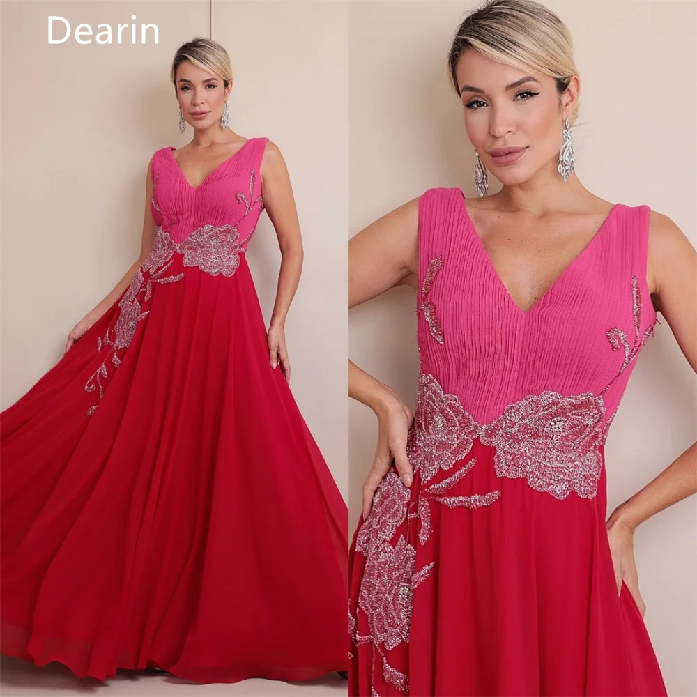 

Evening Gown Prom Saudi Arabia Dearin V-neck A-line Floor Length Skirts Draped Sleeveless Print Fold Bespoke Occasion Dresses Fo