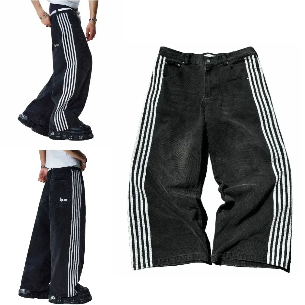 Harajuku Retro Hip Hop Mens Jeans Y2k Black Striped Baggy Jeans Gothic Embroidered Wide Leg Denim Pants High Streetwear