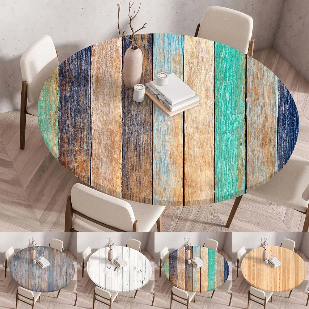 

60/80/100/120/140cm Wooden Textured Table Cover Printed Round Tablecloth Elasticized Table Cover Waterproof