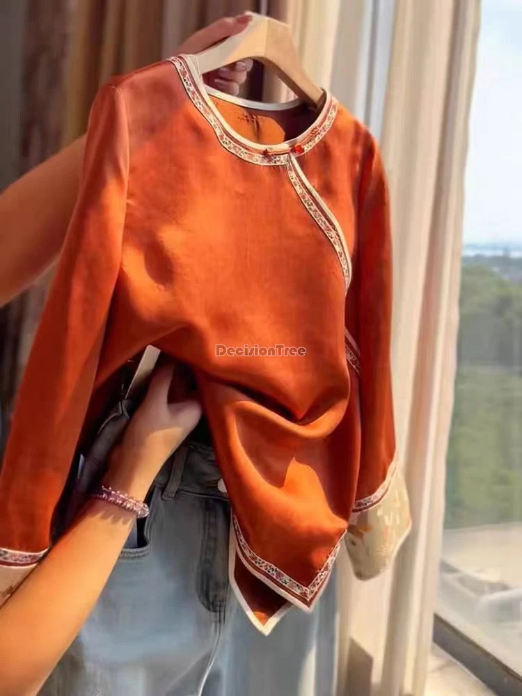 

Новая женская рубашка-ципао в китайском национальном ретро-стиле с круглым воротником, длинным рукавом и вышивкой, модный элегантный топ в стиле тан-костюм 2025 года