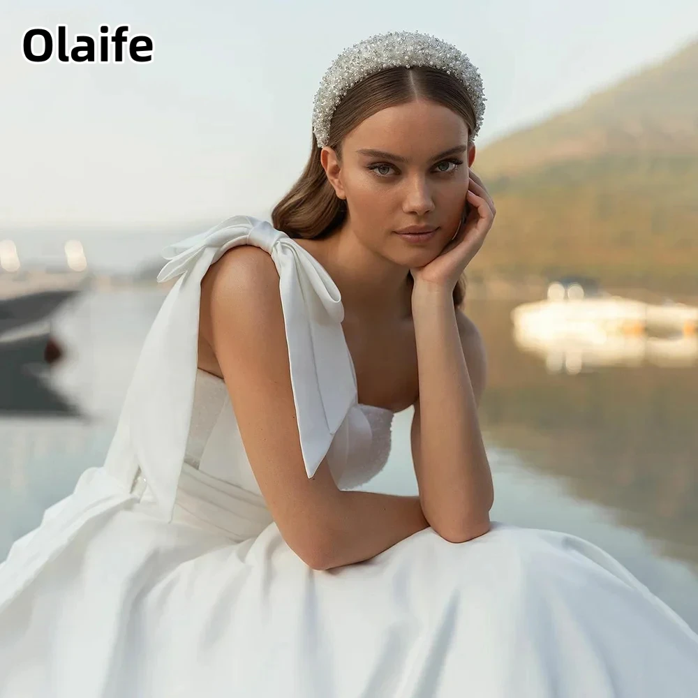 Olaife Chic A-Line Satin Wedding Dresses One Shoulder Beading Bridal Gowns Zipper  Sweep Beach Brides Dresses Robes de mariée