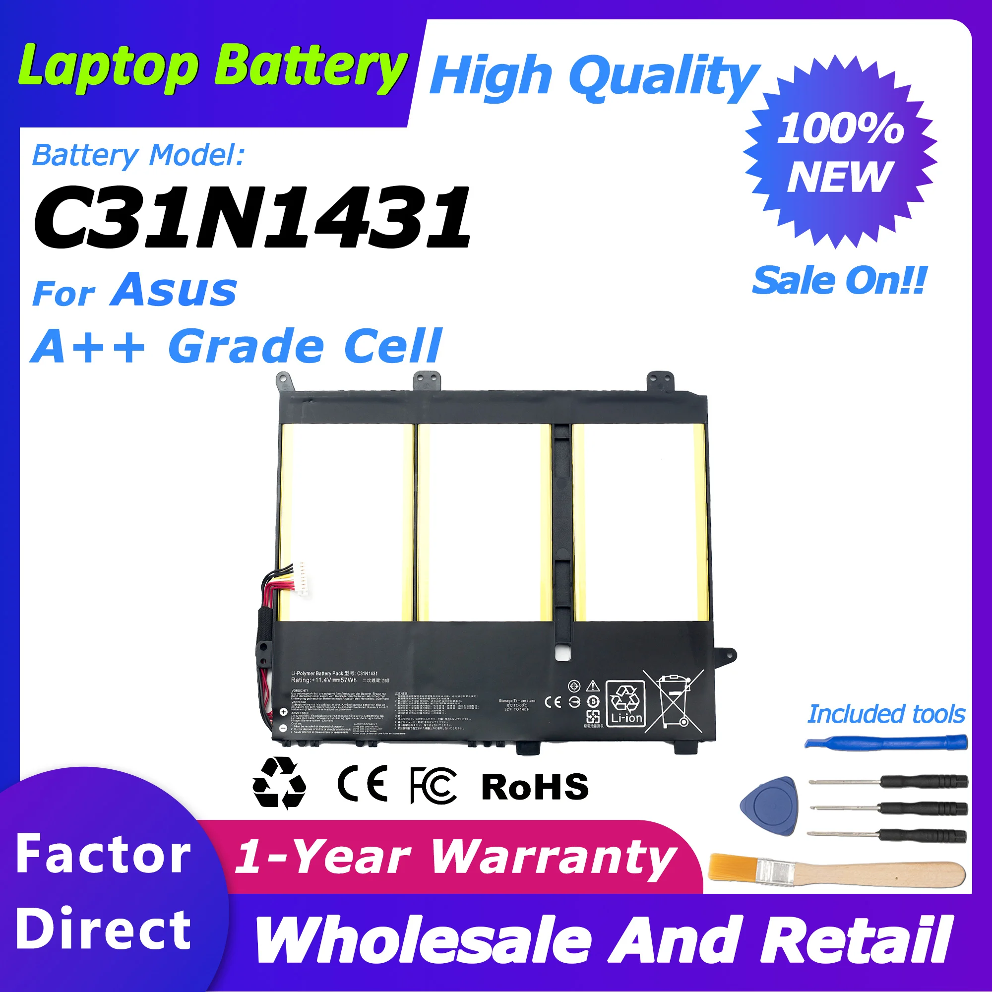 C31N1431 57Wh New Laptop Battery C31N1431 for ASUS EeeBook R416N/R416S/E403S/E403SA Series E403NA/E403N 5000mah