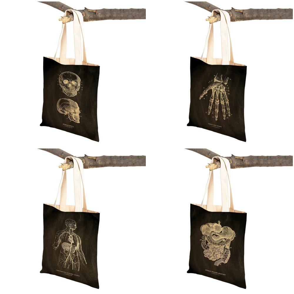 Vintage Anatomical Skeleton Chalkboard Skull Shopper Bag Tote Lady Handbag Casual Canvas Heart Double Print Women Shopping Bags