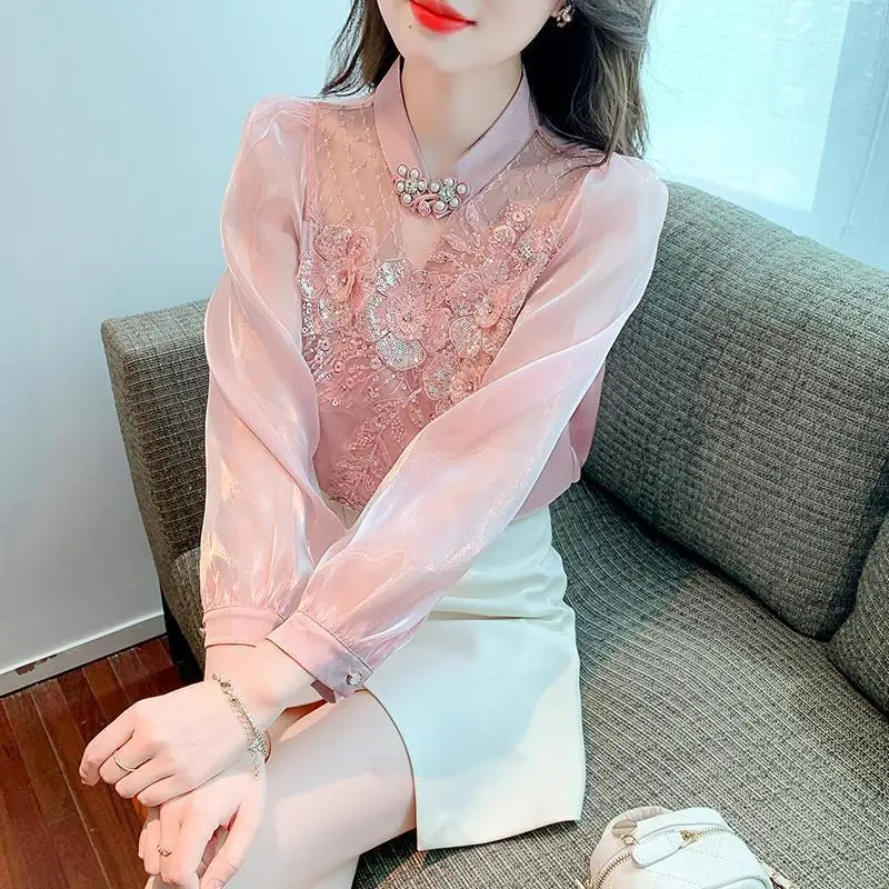 Women Satin Vintage Fashion Sequin Embroidery Elegant Blouse Spring Summer Sexy Sheer Mesh Patchwork Shirt Solid Chic Sweet Tops