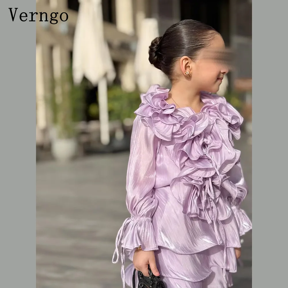 

Verngo Princess Purple Shiny Satin Mini Girl Fowers Dress O Neck A Line Birthday Party Dresses Tiered Kid Prom Gown Customized