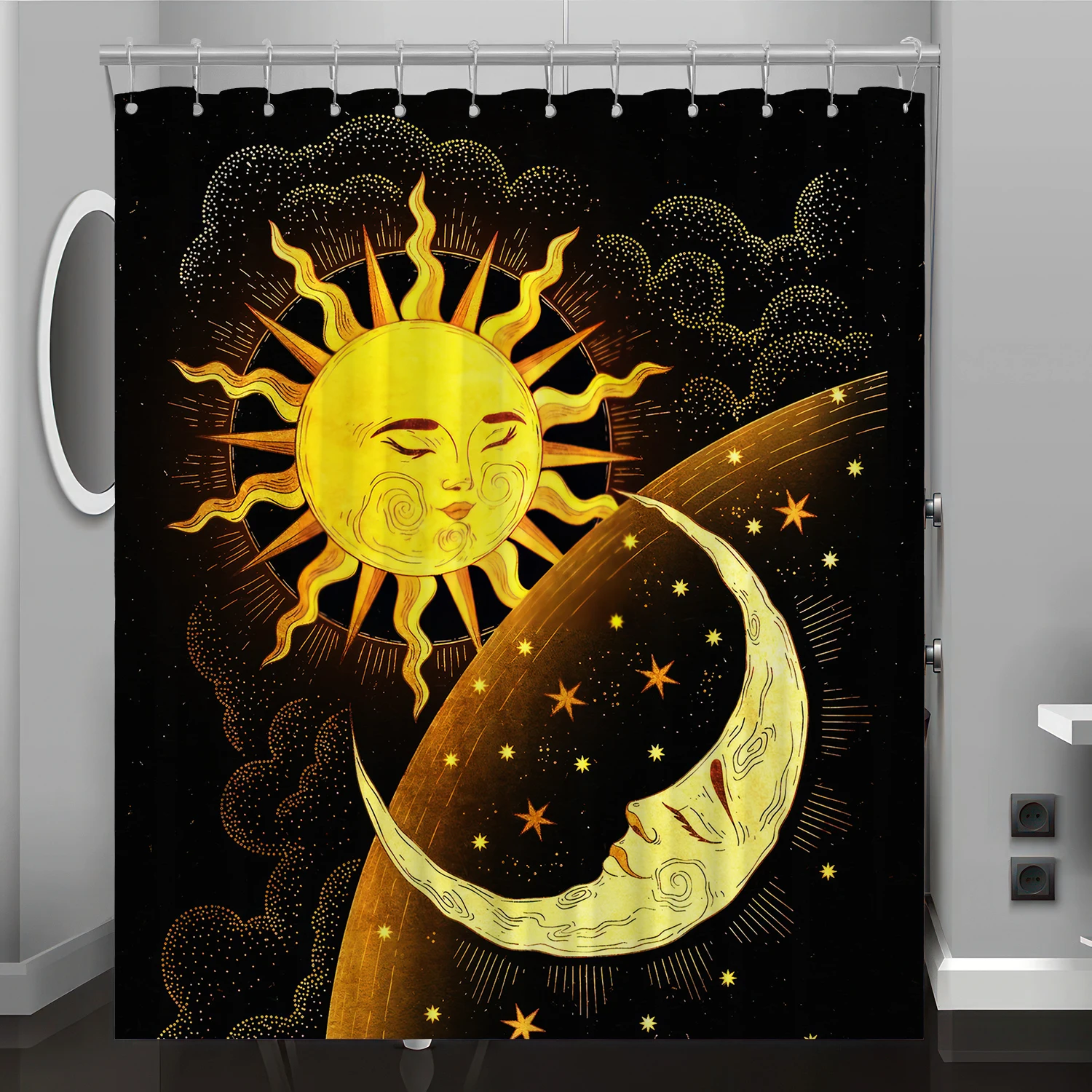 Sun and Moon Pattern Digital Print Shower Curtain, Bathroom Decoration Home Décor, Free Hooks