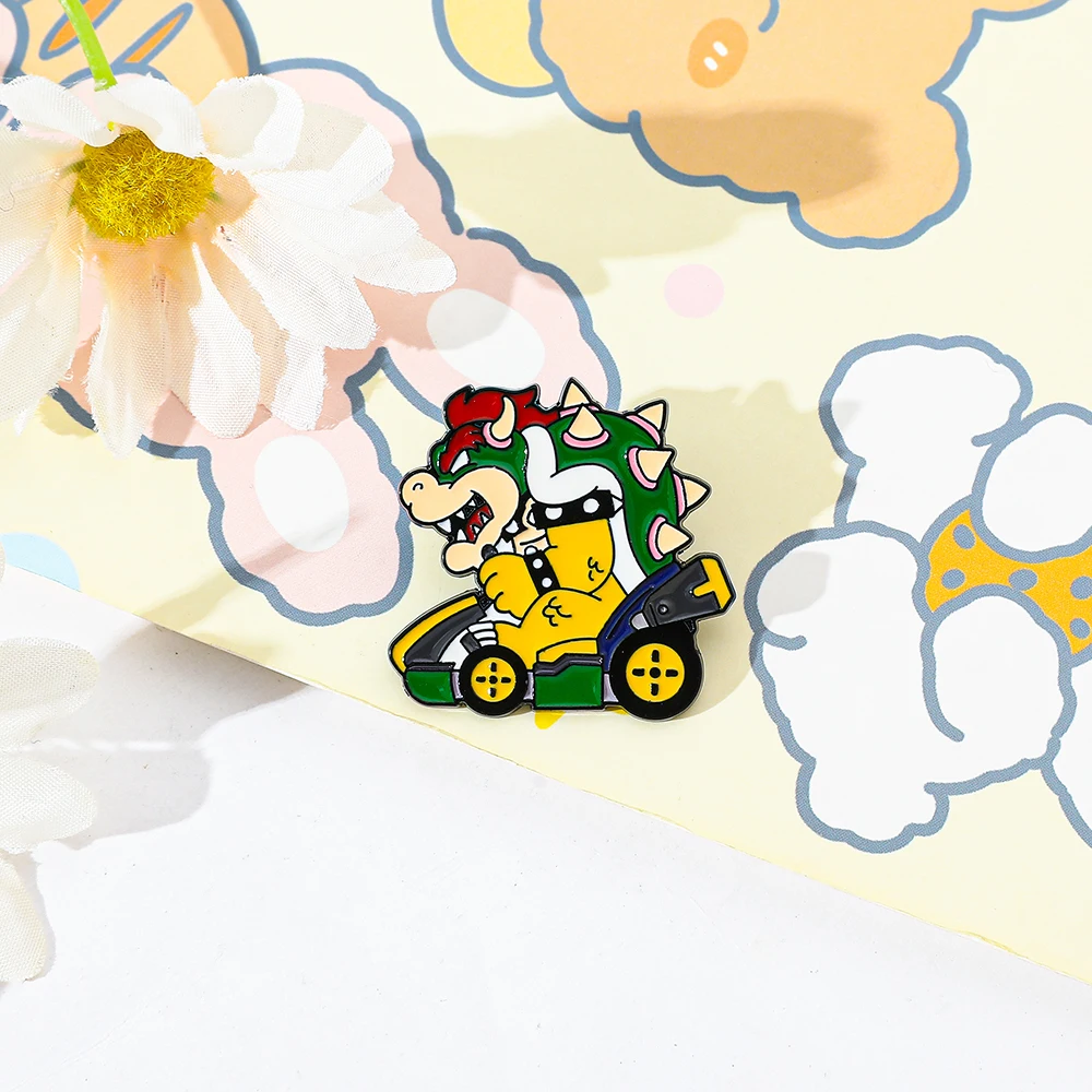 Cartoon Dinosaur Bowser Racing Kart Enamel Brooch Classic Game Character Metal Lapel Pin nique Collectible Gift for Fans view 5