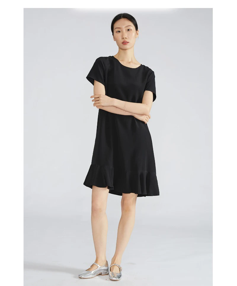 Luxury 30MM Heavyweight 100% Natural Mulberry Silk Satin Ruffled Women's Black Fashionable Round Neck Short Sleeved Dress