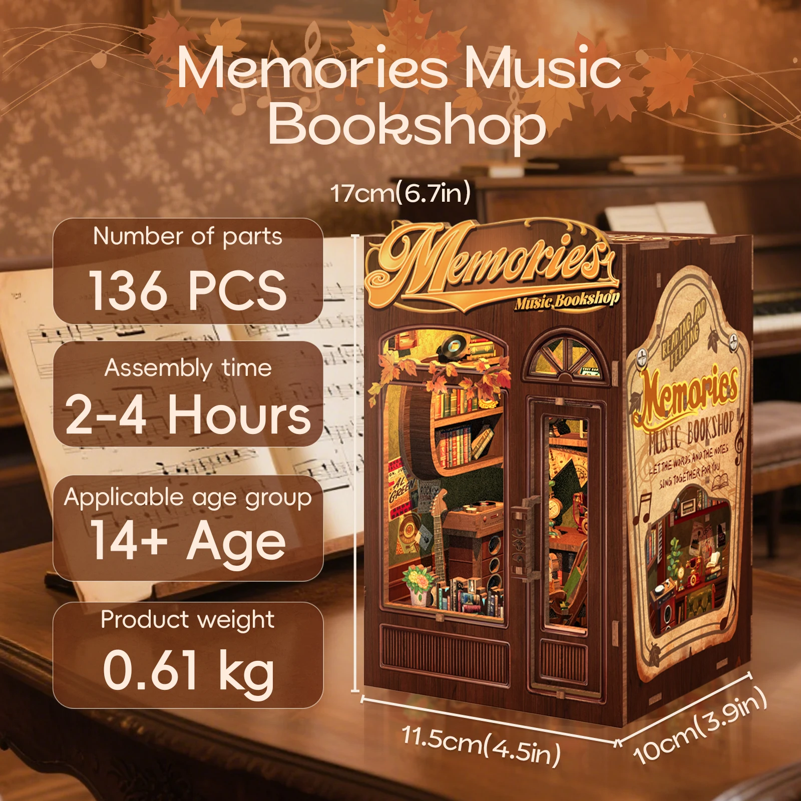 

CUTEBEE Memories Music Bookshop DIY Book Nook Kit Miniature Wooden Dollhouse with Light Bookshelf Insert Decoration for Gifts