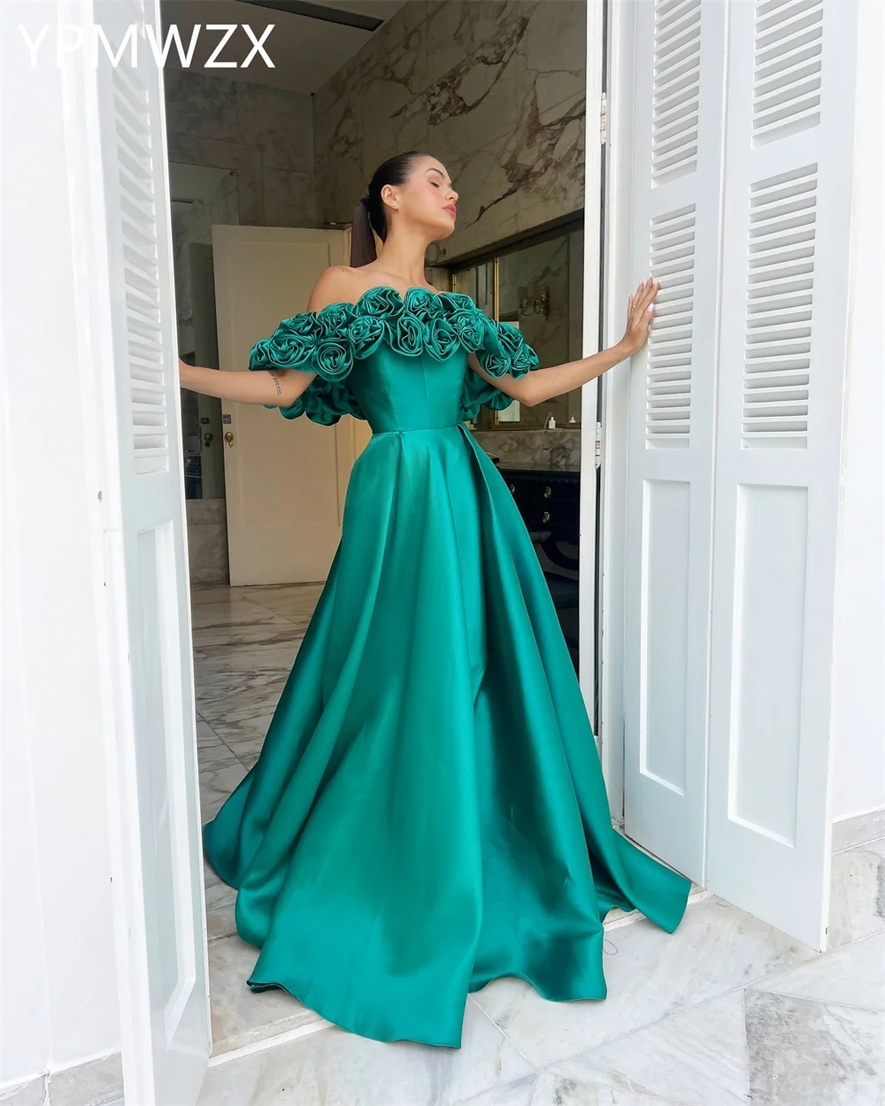 Customized Prom Gown Evening Women Party Occasion YPMWZX Off-the-shoulder A-line Floor Length Skirts Draped Bespoke  Dre