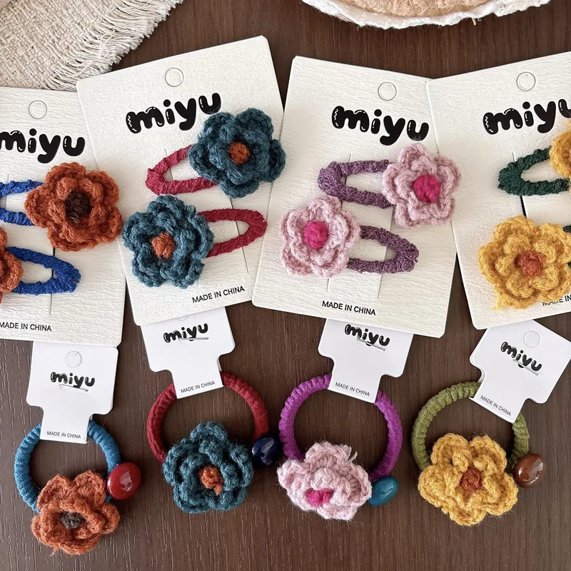 Hair Clips Hair Ties Kids Handmade Crochet Yarn Raised Flower BB Clip Retro Forest Side Bangs Headwear Lightweight Daily