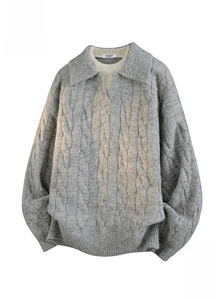 

Мужской вязаный шерстяной свитер Paul Frank в стиле ретро, свободный теплый пуловер с воротником, повседневный осенний модный трикотаж из смесового полиэстера
