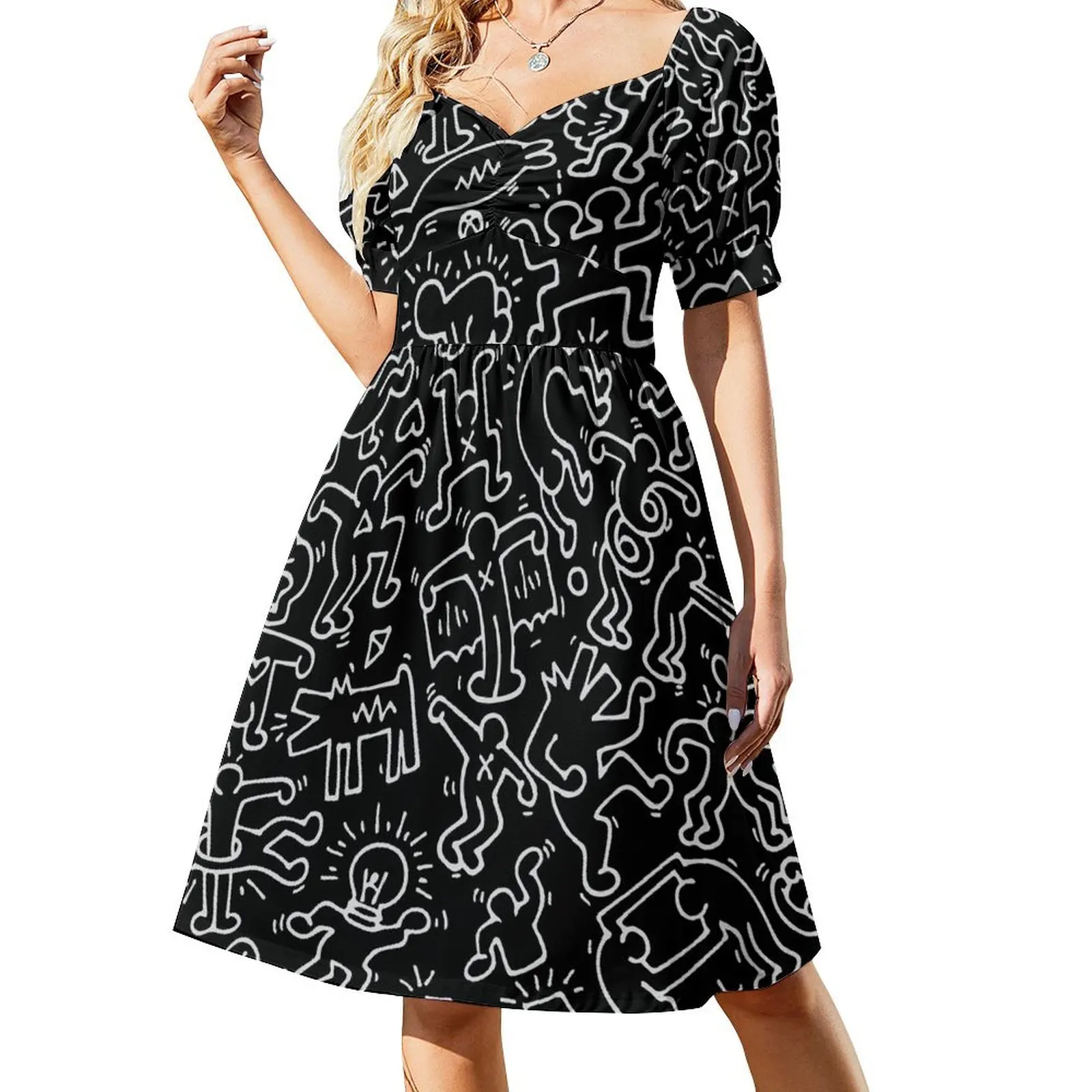 

Dance in BLACK Kieth DJ DOG Haring ANIMAL Street Art Short Sleeved Dress clothes for women Dress