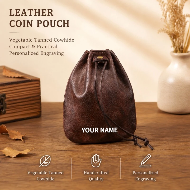 Vintage Leather Coin Purse Handcrafted Patina Cowhide Key Pouch Earphone Storage Bag Personalized Engraved Mini Wallet