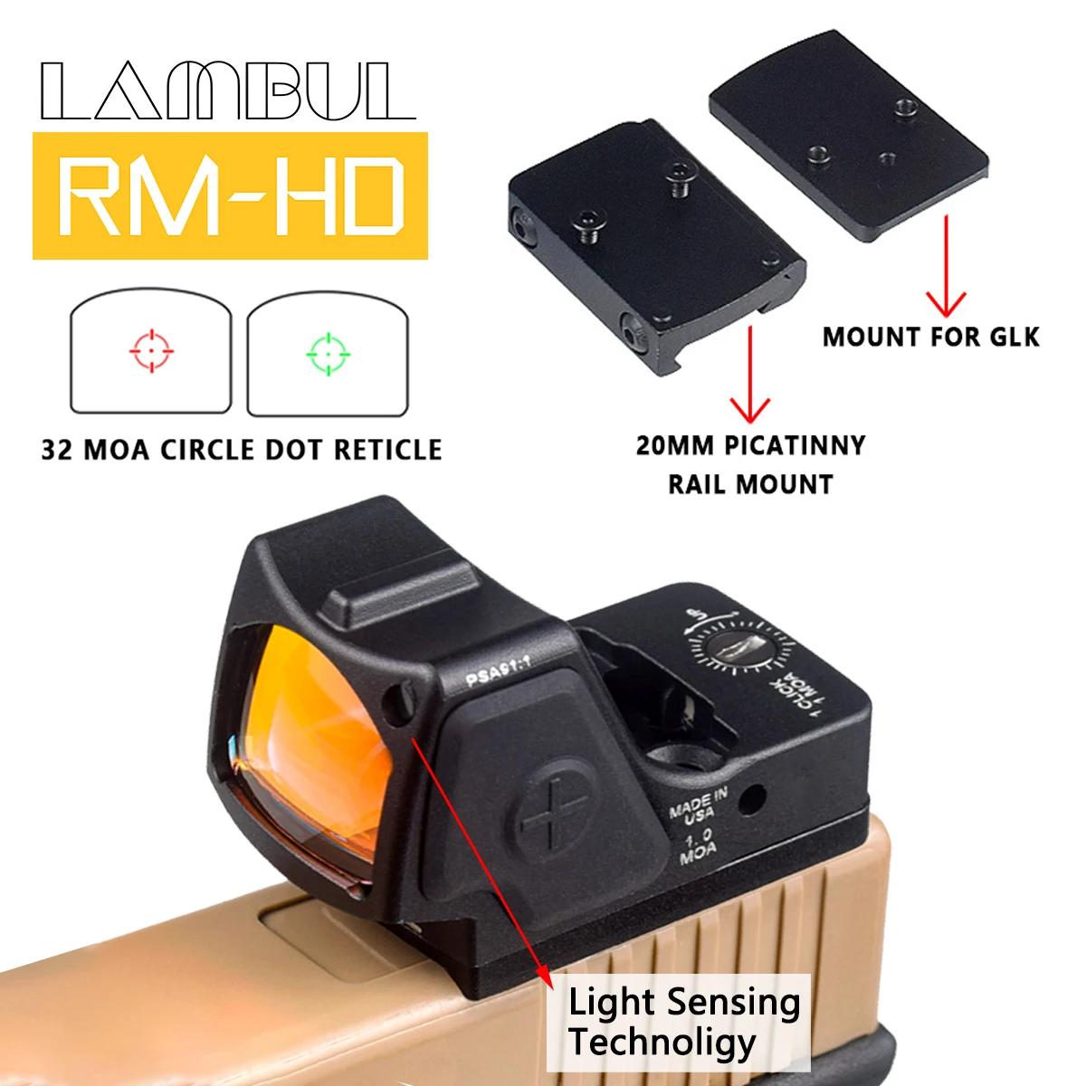 

Tactical RM-HD Light Sensing Adjustable Red/Green Dot Sight Scope Hunting RM Red Dot Sight Holographic for Glock17 G19