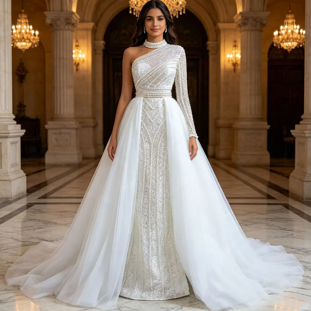 Luxurious Turtle One Shoulder Sleeve Lace Up Back Pearls Sequined Beading A Line Wedding Dresse