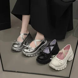 Thick soled silver shoes with new bow and raised height, paired with skirts, ballet small leather shoes, versatile single shoes