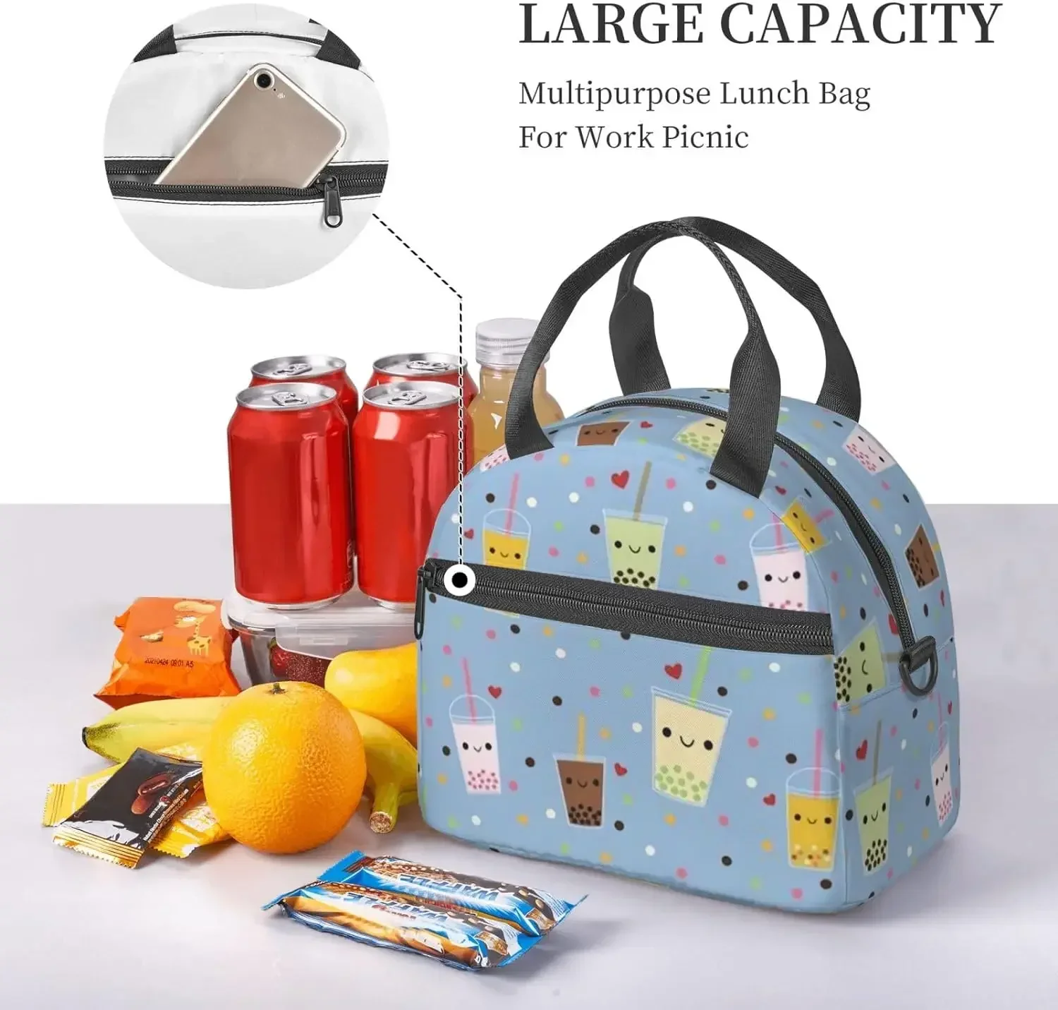 

Tea Print Lunch Bag Reusable Tote Insulated Bags for Work Picnic