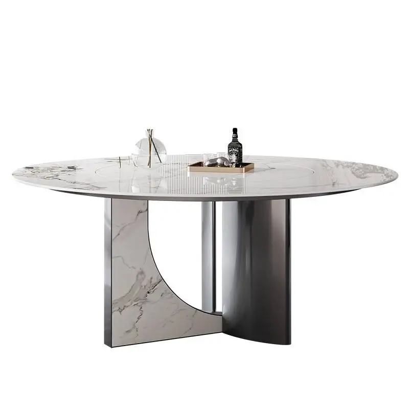 *Luxury Modern Round Dining Table Sintered Stone Top Natural Marble White Finish 6 Seater Metal Legs for Home Dining Living Room